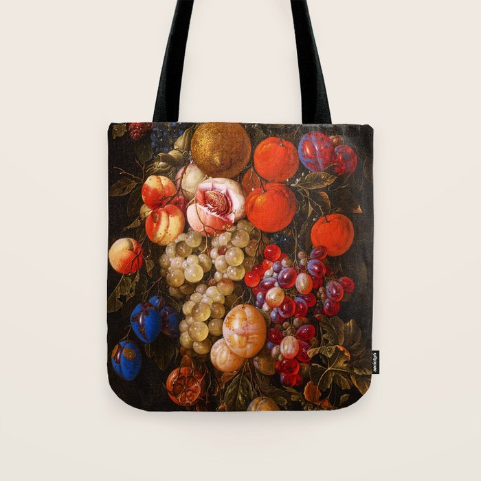 A festoon of fruit hanging from a blue ribbon 1670 still life portrait painting by Cornelis de Heem Tote Bag