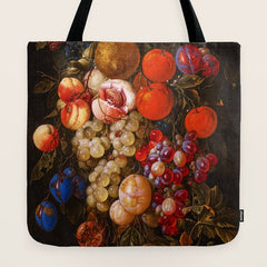 A festoon of fruit hanging from a blue ribbon 1670 still life portrait painting by Cornelis de Heem Tote Bag