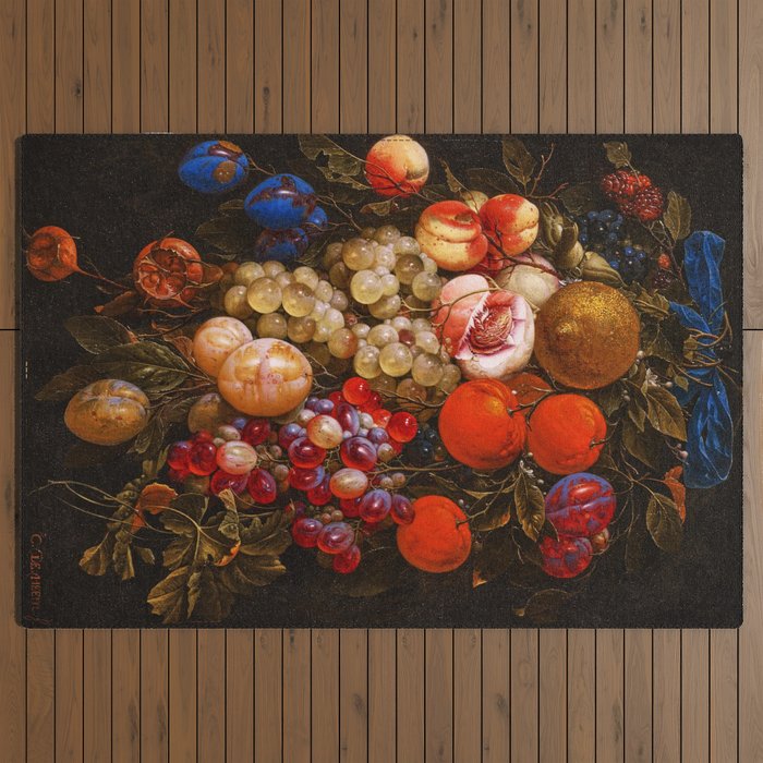 A festoon of fruit hanging from a blue ribbon 1670 still life portrait painting by Cornelis de Heem Outdoor Rug