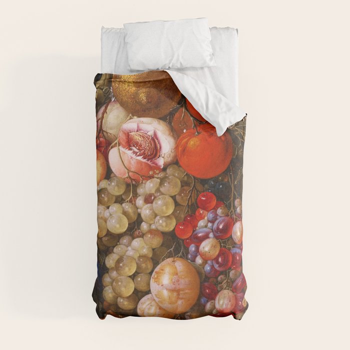 A festoon of fruit hanging from a blue ribbon 1670 still life portrait painting by Cornelis de Heem Duvet Cover
