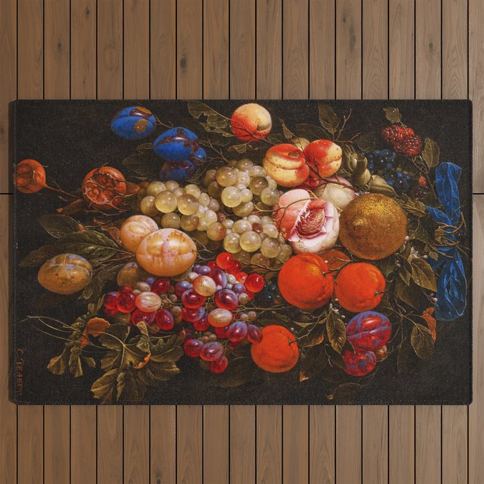 A festoon of fruit hanging from a blue ribbon 1670 still life portrait painting by Cornelis de Heem Outdoor Rug