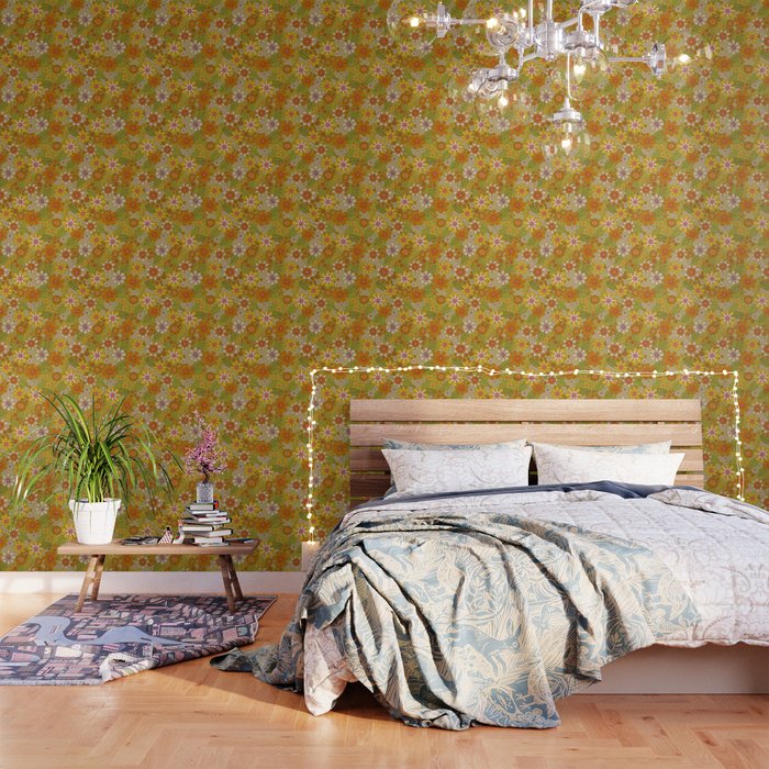 1960s, 1970s Retro Floral in Green, Pink & Orange - Flower Power Wallpaper