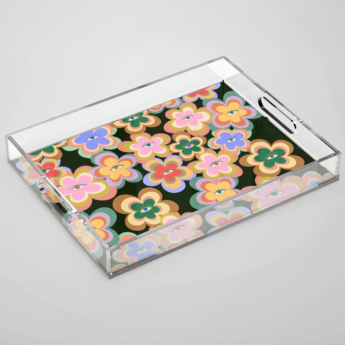 70s Evil Eye Flower Pattern in dark green Acrylic Tray