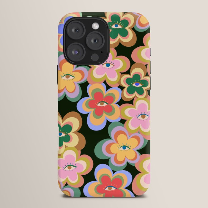70s Evil Eye Flower Pattern in dark green iPhone Case