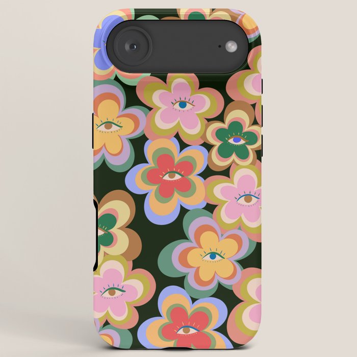 70s Evil Eye Flower Pattern in dark green iPhone Case