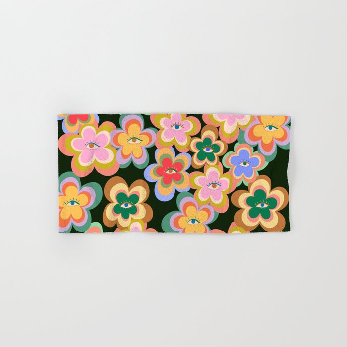 70s Evil Eye Flower Pattern in dark green Bath Towel