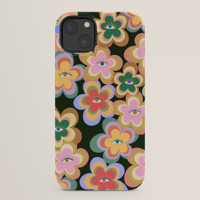70s Evil Eye Flower Pattern in dark green iPhone Case