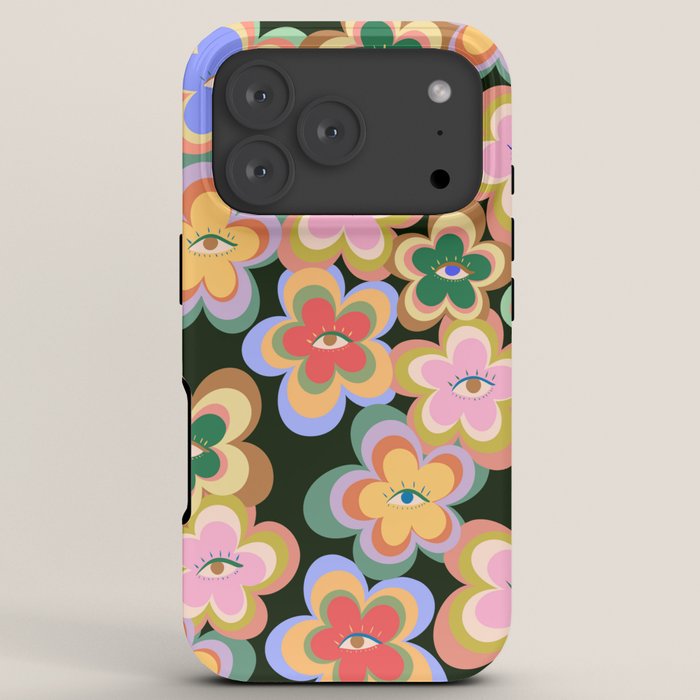 70s Evil Eye Flower Pattern in dark green iPhone Case
