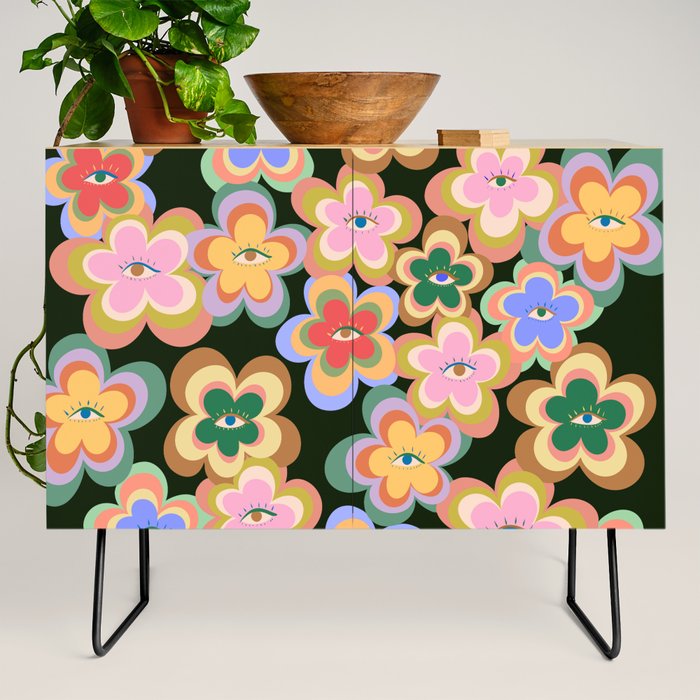 70s Evil Eye Flower Pattern in dark green Credenza