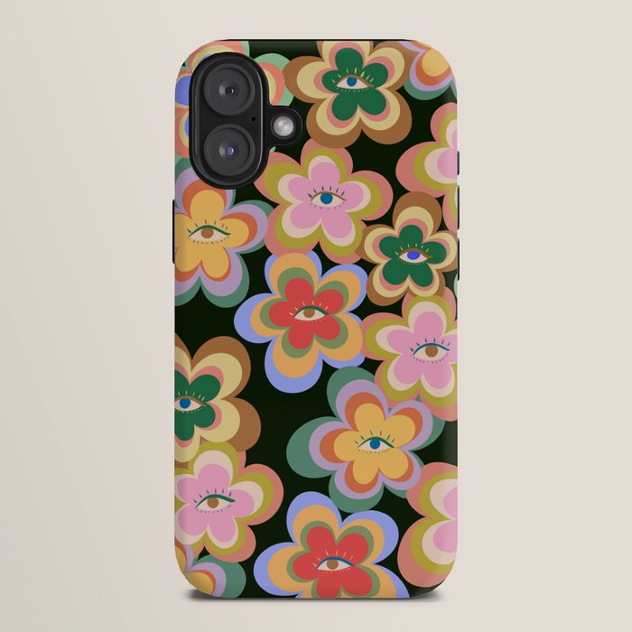 70s Evil Eye Flower Pattern in dark green iPhone Case