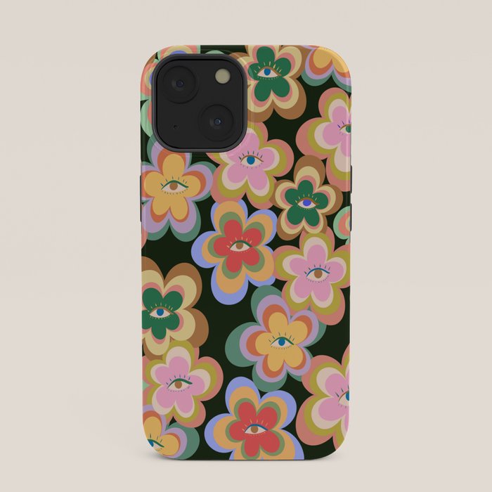 70s Evil Eye Flower Pattern in dark green iPhone Case