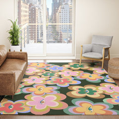 70s Evil Eye Flower Pattern in dark green Rug