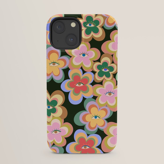 70s Evil Eye Flower Pattern in dark green iPhone Case