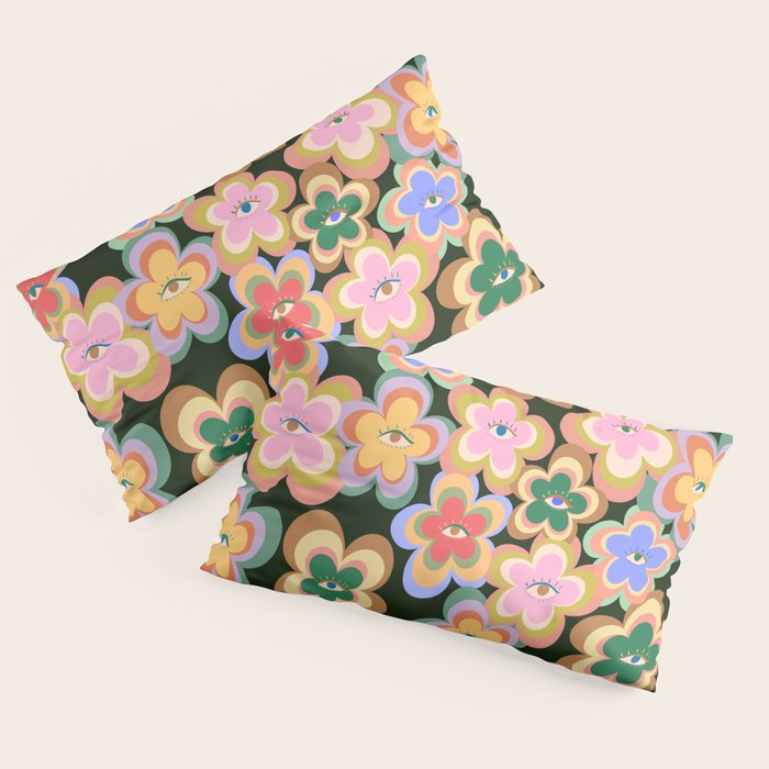 70s Evil Eye Flower Pattern in dark green Pillow Sham