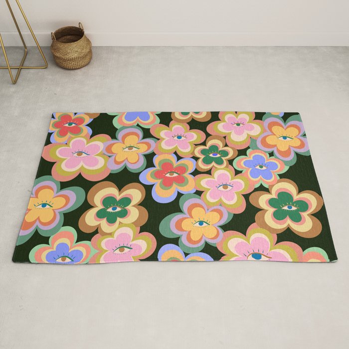 70s Evil Eye Flower Pattern in dark green Rug