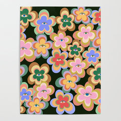 70s Evil Eye Flower Pattern in dark green Poster