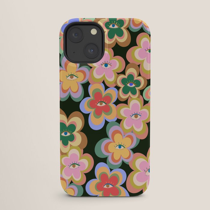 70s Evil Eye Flower Pattern in dark green iPhone Case