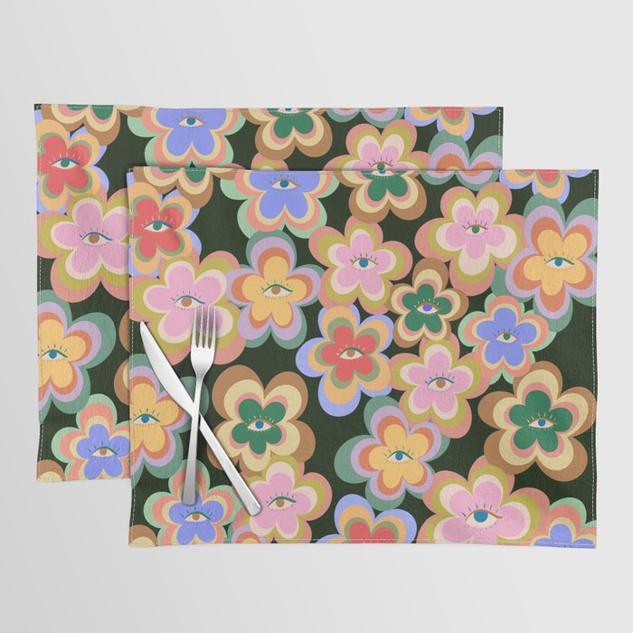 70s Evil Eye Flower Pattern in dark green Placemat