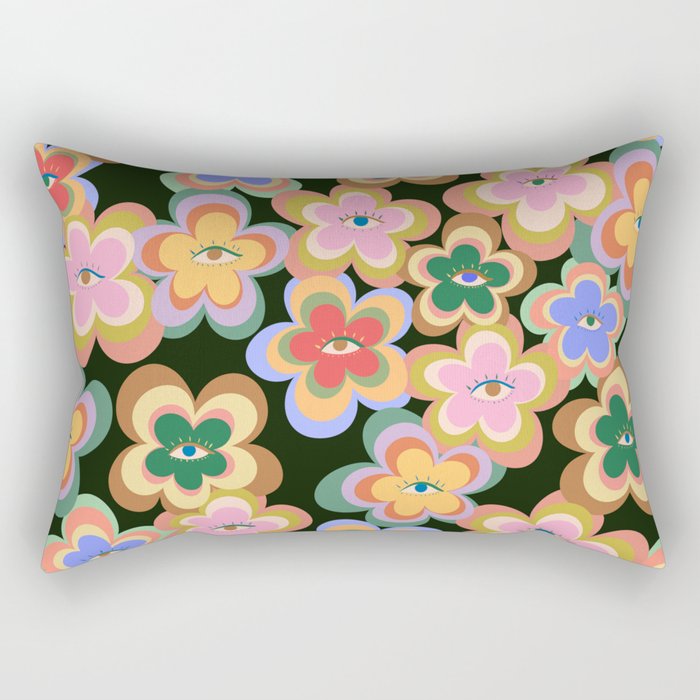 70s Evil Eye Flower Pattern in dark green Rectangular Pillow