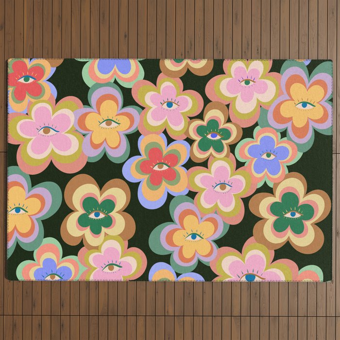 70s Evil Eye Flower Pattern in dark green Outdoor Rug
