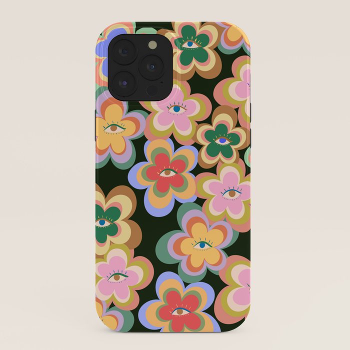 70s Evil Eye Flower Pattern in dark green iPhone Case