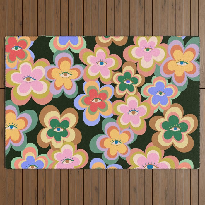 70s Evil Eye Flower Pattern in dark green Outdoor Rug