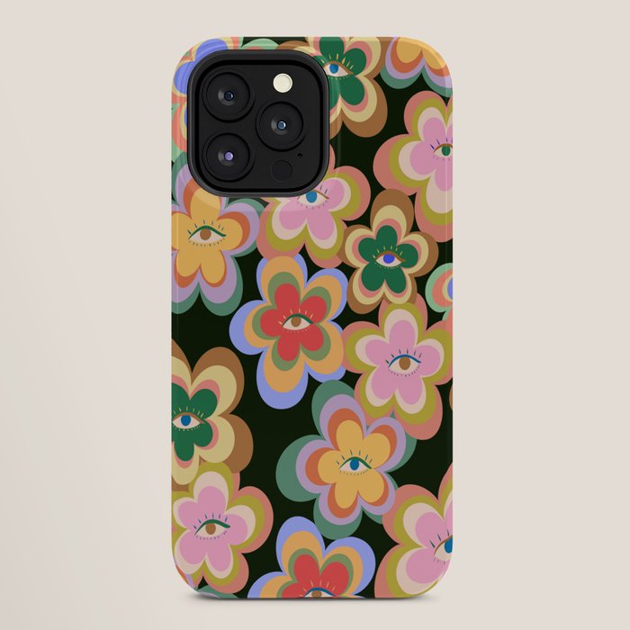 70s Evil Eye Flower Pattern in dark green iPhone Case
