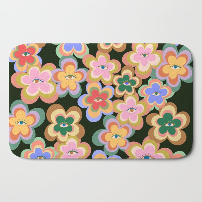 70s Evil Eye Flower Pattern in dark green Bath Mat