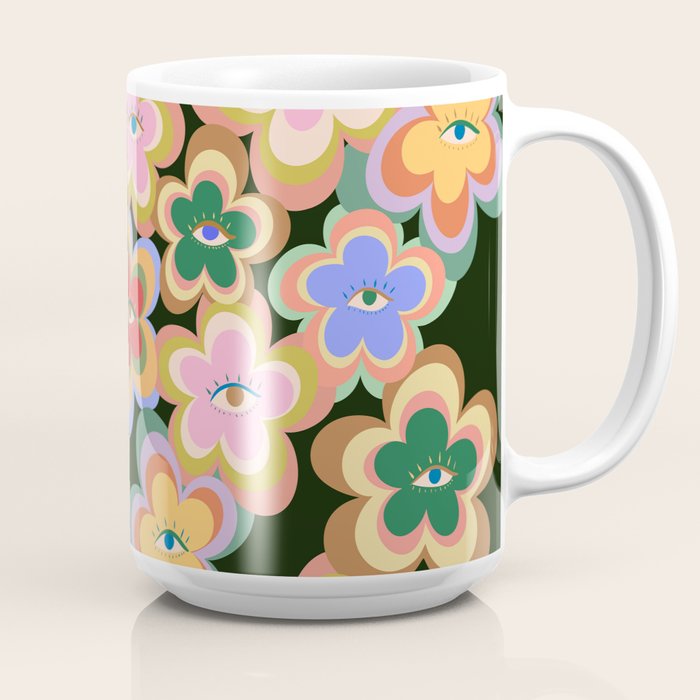 70s Evil Eye Flower Pattern in dark green Coffee Mug