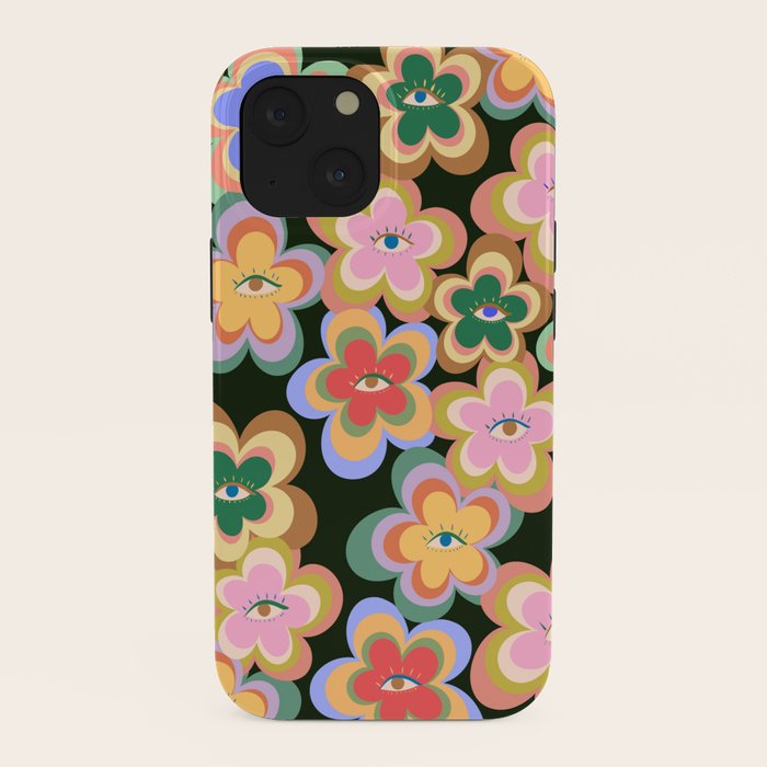 70s Evil Eye Flower Pattern in dark green iPhone Case