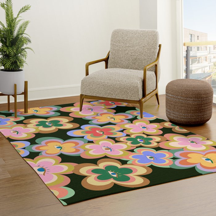 70s Evil Eye Flower Pattern in dark green Rug