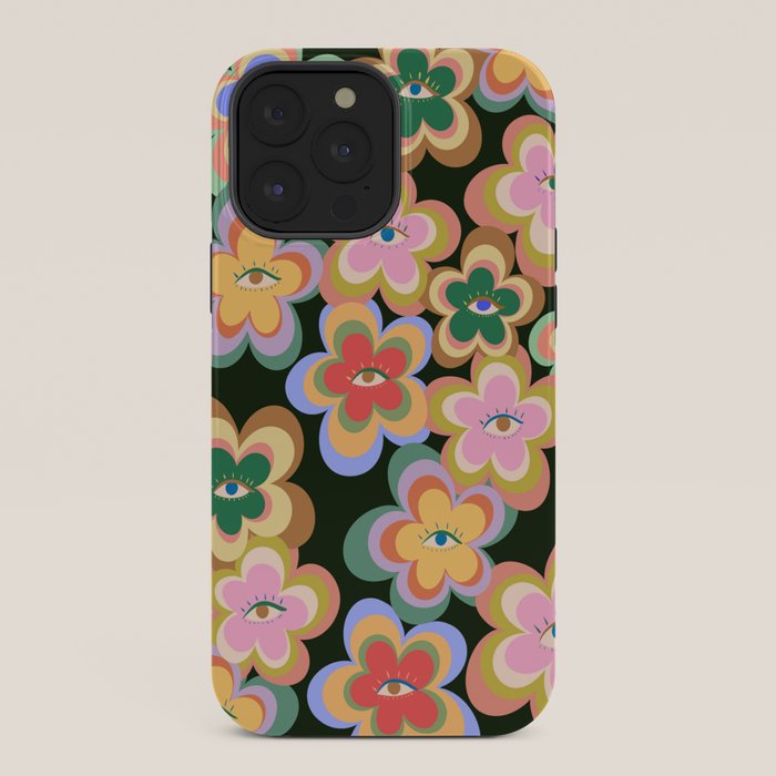 70s Evil Eye Flower Pattern in dark green iPhone Case