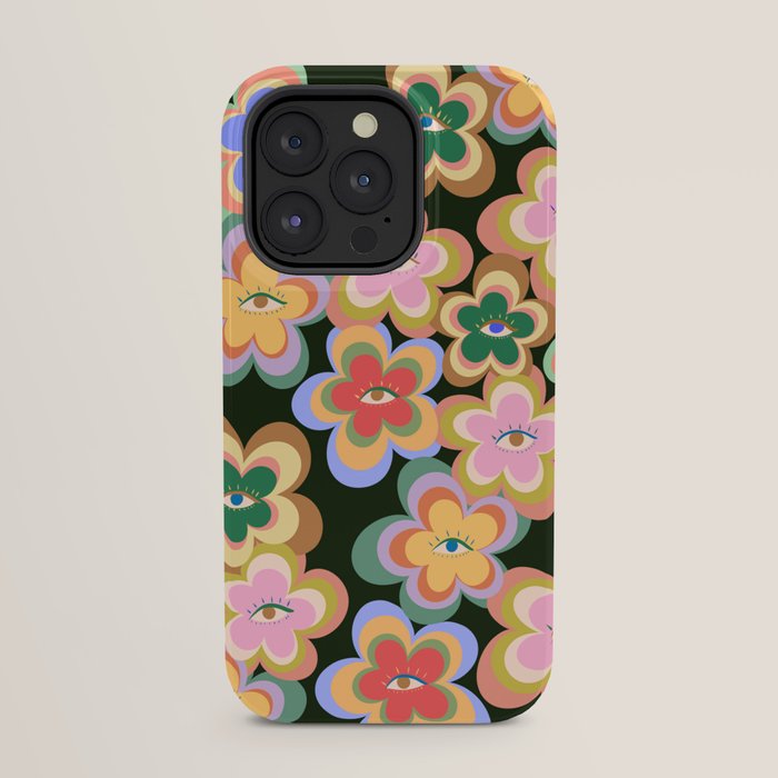 70s Evil Eye Flower Pattern in dark green iPhone Case