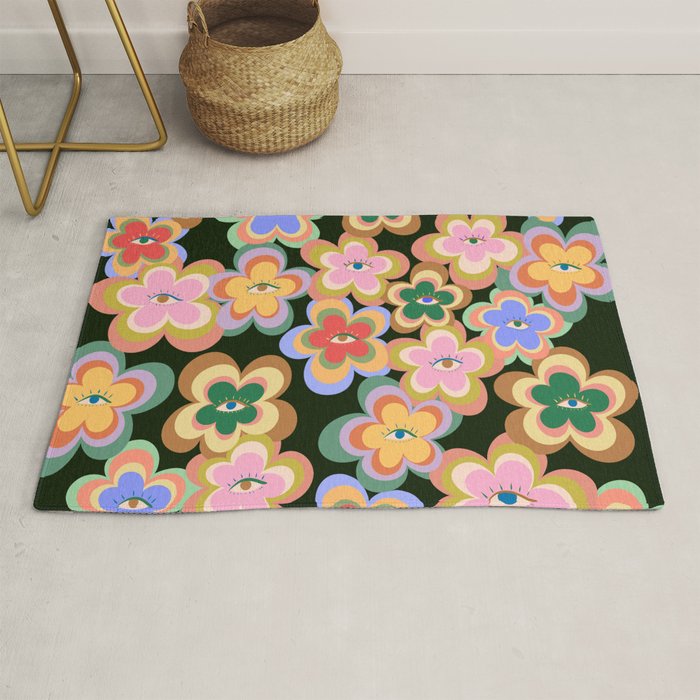 70s Evil Eye Flower Pattern in dark green Rug