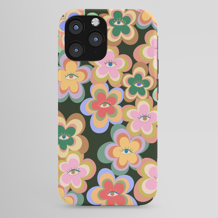 70s Evil Eye Flower Pattern in dark green iPhone Case