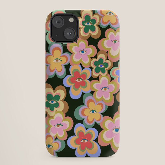 70s Evil Eye Flower Pattern in dark green iPhone Case