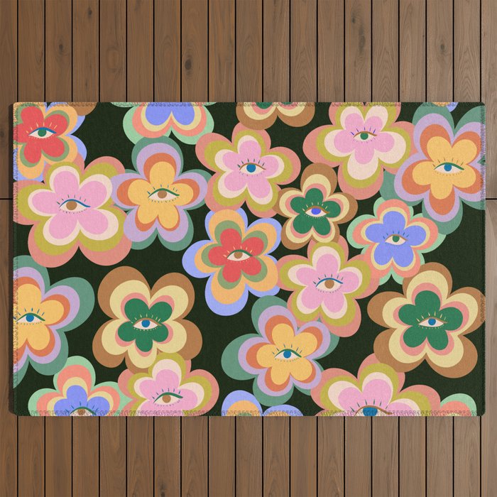 70s Evil Eye Flower Pattern in dark green Outdoor Rug