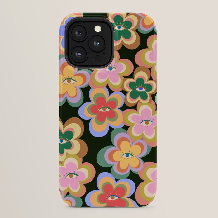 70s Evil Eye Flower Pattern in dark green iPhone Case