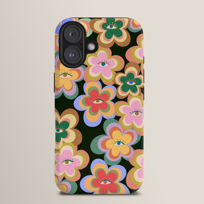 70s Evil Eye Flower Pattern in dark green iPhone Case