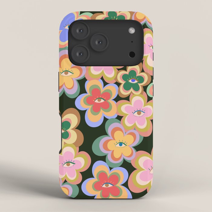70s Evil Eye Flower Pattern in dark green iPhone Case