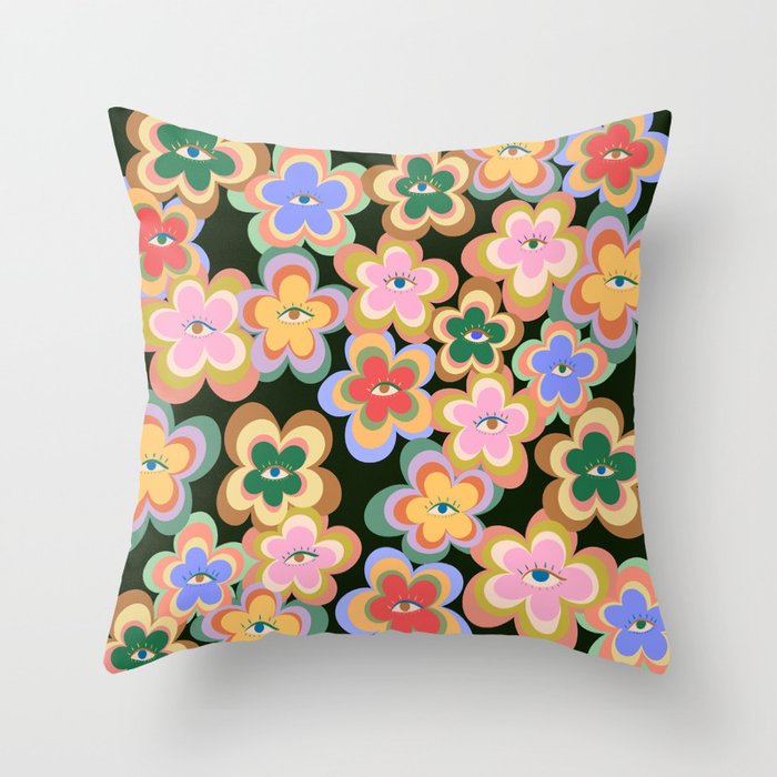 70s Evil Eye Flower Pattern in dark green Throw Pillow