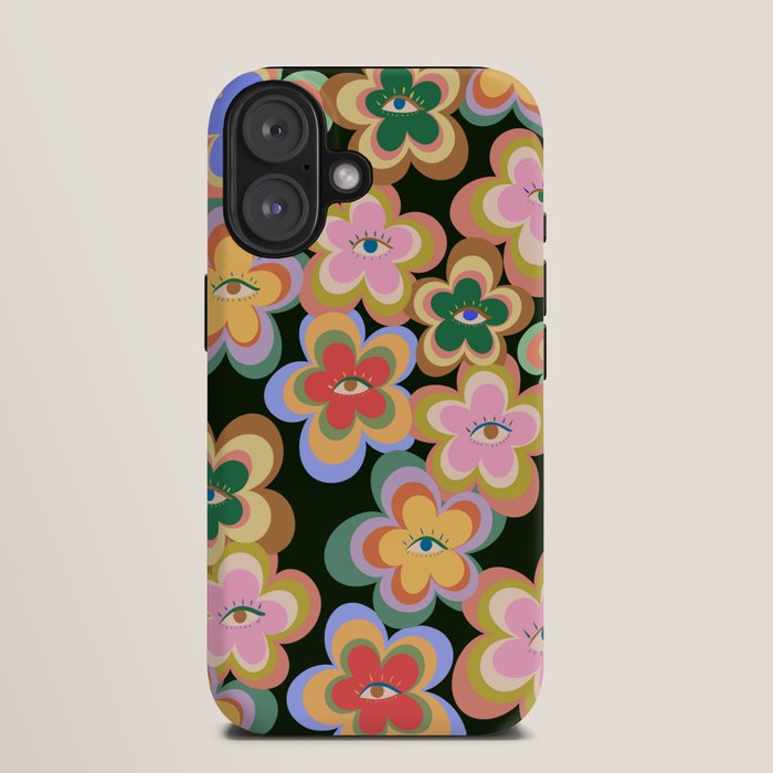 70s Evil Eye Flower Pattern in dark green iPhone Case