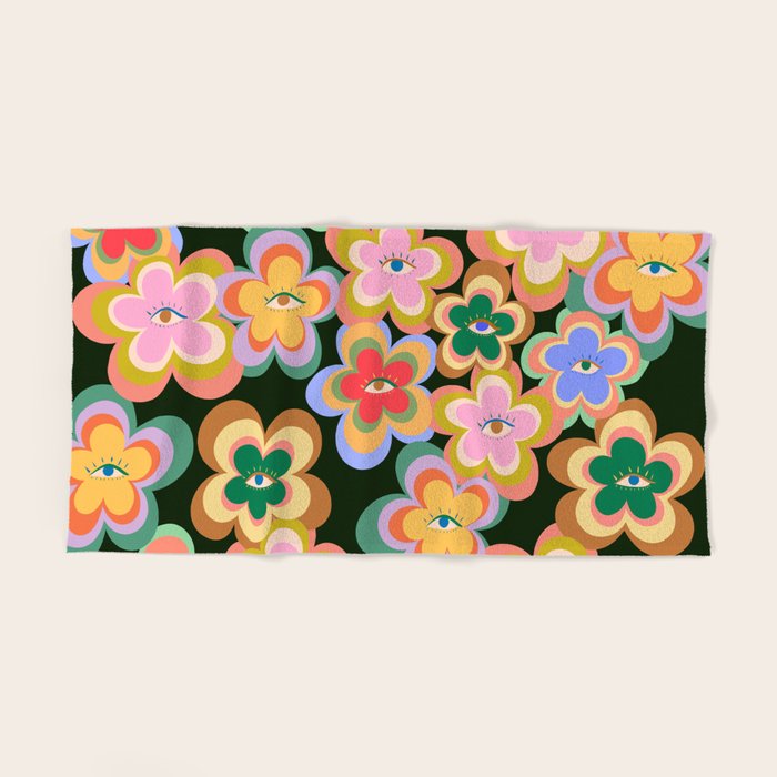70s Evil Eye Flower Pattern in dark green Bath Towel