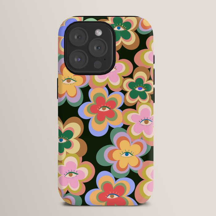 70s Evil Eye Flower Pattern in dark green iPhone Case