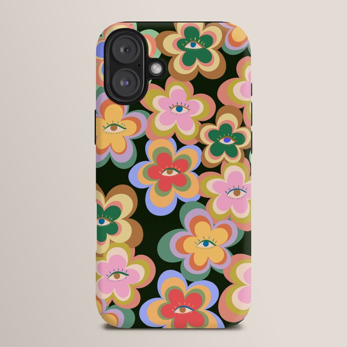70s Evil Eye Flower Pattern in dark green iPhone Case