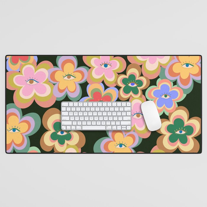 70s Evil Eye Flower Pattern in dark green Desk Mat