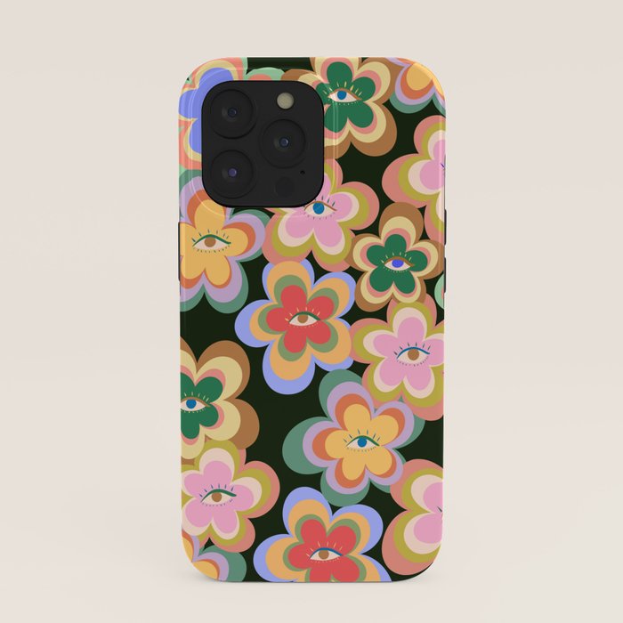 70s Evil Eye Flower Pattern in dark green iPhone Case