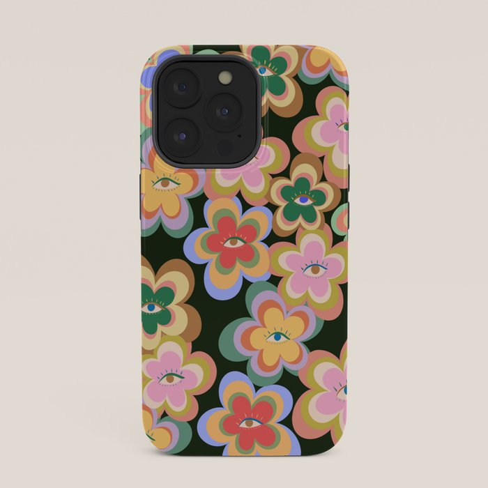 70s Evil Eye Flower Pattern in dark green iPhone Case