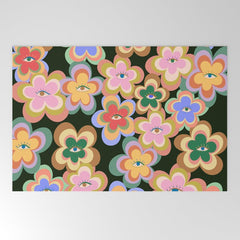 70s Evil Eye Flower Pattern in dark green Welcome Mat