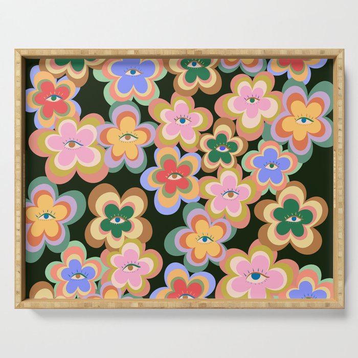 70s Evil Eye Flower Pattern in dark green Serving Tray